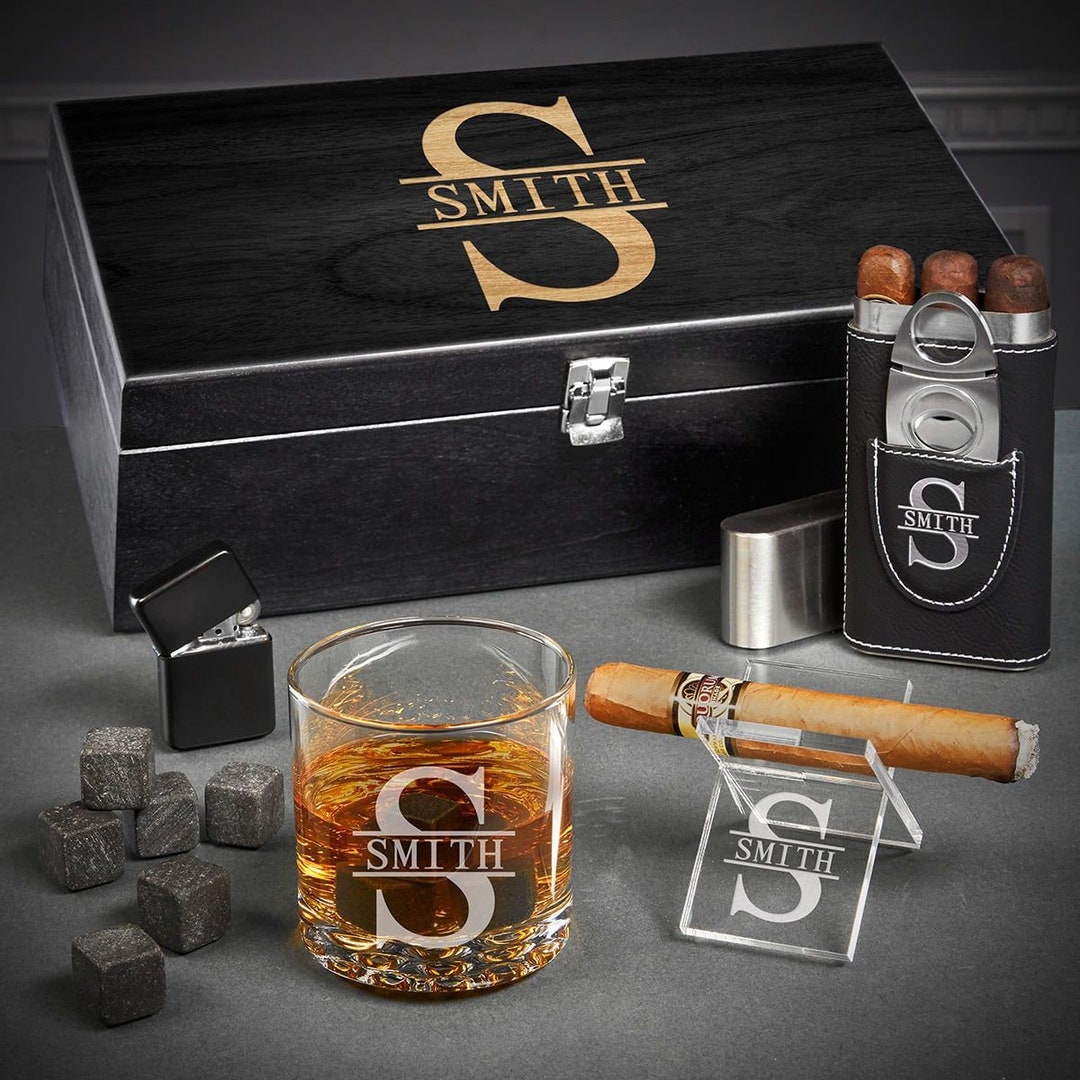 Engraved Whiskey and Cigar Gift Basket Etched Rocks Glass, Cigar Travel Case, Custom Cigar Stand ...