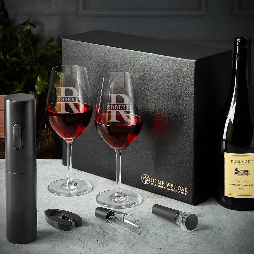 Custom Wine Glass Set 6pc Boxed Wine Gift Set With Electric Opener Wine ...