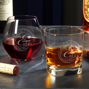 Custom Wine and Whiskey Glass Set - Custom Whiskey Glass,  His and Hers Gift, Etched Stemless Wine Glass, Wedding Glasses -