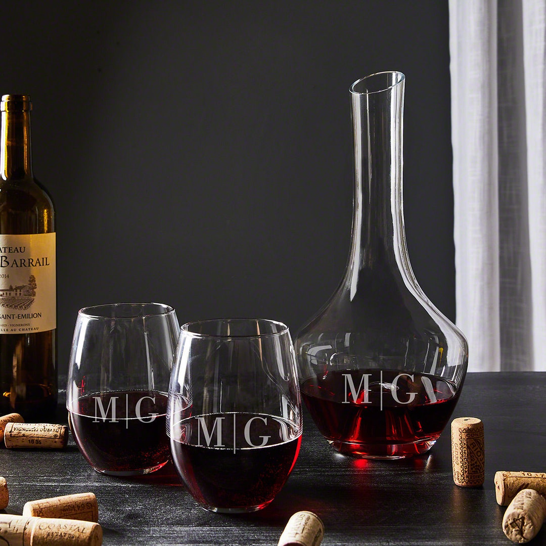 Custom Wine Glasses and Barlow Decanter Set Etched Stemless Wine Glasses, Engraved Wine Carafe ...