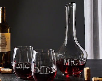 Engraved Wine Decanter Set - Etched Stemless Wine Glasses, Custom Wine Carafe, Couples Wedding Gift -
