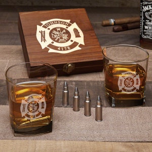 Custom Whiskey Gift Set for Firefighters -  Whiskey Lover Gift, Engraved Whiskey Glasses, Firefighter Gift, Chilling Stones, Retirement -