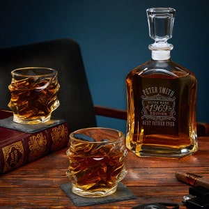Custom Whiskey Decanter and Glasses Set - Sculpted Whiskey Glasses Gift for Him, Etched Whiskey Decanter Set, Personalized Gift for Dad