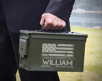 Personalized Ammo Box - Made in USA - Military Gift, American Flag, Gifts for Retirement, Birthday Gift for Men, Engraved Ammo Can