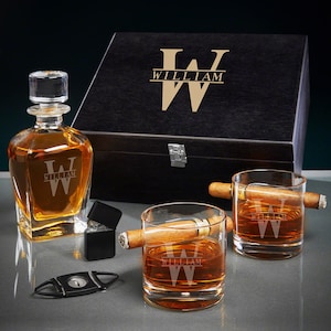 Custom Whiskey Set and Cigar Accessories Kit - Whiskey Gift Set for Men, Bar Decanter Set, Custom Cigars Holder Glasses, Gentleman Gift -
