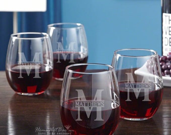 Engraved Stemless Wine Glasses Set of 4 - Unique Personalized Wine Glasses - Cool Wine Lover Gifts for Dad and Mom - Custom Engraved