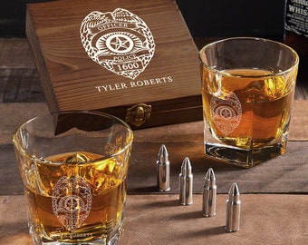 Etched Rocks Glasses Set with Bullet Stones Box - Custom Police Officer Gifts, Police Retirement Gift, Law Enforcement Gift