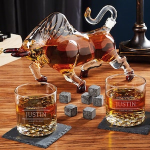 Bull Fighting Whiskey Decanter Set with Glasses -  Whiskey Glass and Decanter Set, El Matador Decanter, Etched Whiskey Glasses