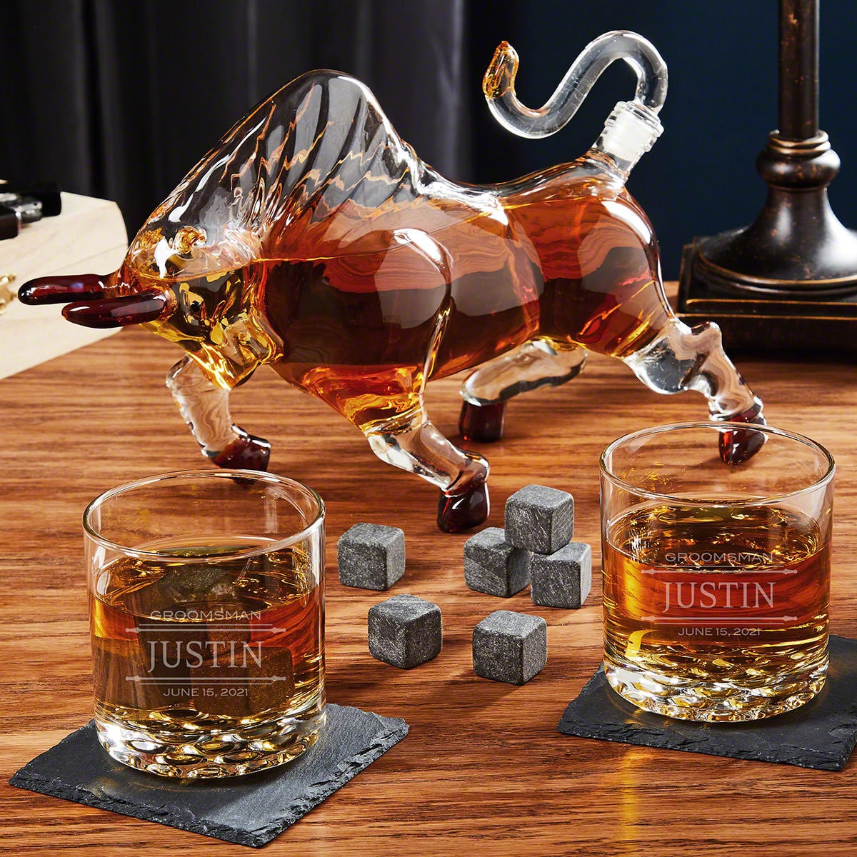 Bull Fighting Whiskey Decanter Set with Glasses -  Whiskey Glass and Decanter Set, El Matador Decanter, Etched Whiskey Glasses