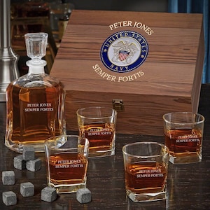 Custom US Navy Decanter and Glasses set – Whiskey Decanter, Whiskey Glasses, Perfect US Navy Gift Idea, Whiskey Decanter Set, Navy Gift Idea