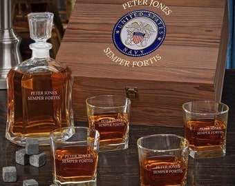 Custom US Navy Gifts for Men - Engraved Decanter Set, Bourbon Decanter, Deployment Gift, Military Homecoming Gift, Bourbon Lover Gift -