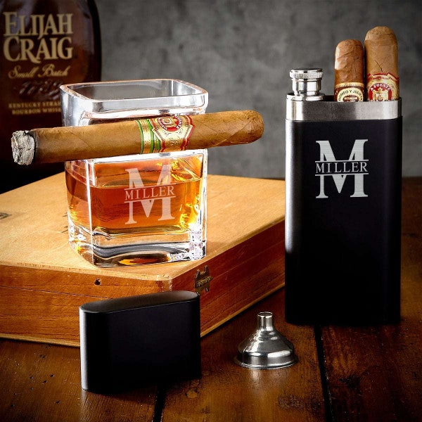 Personalized Cigar Gift Set with Sheffield Cigar Flask and Whiskey Glass with Cigar Holder - Whiskey Lover Gift, Engraved