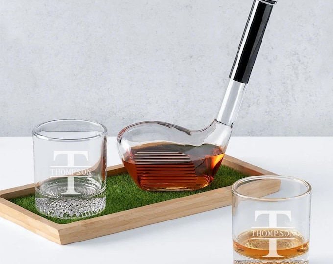 Golf Decanter Set – Lead-Free Crystal Whiskey Decanter with Engraved Glasses