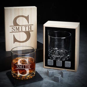 Custom Whiskey Glass Set With Wooden Gift Box - Whiskey Stones, Engraved Whiskey Glass, Whiskey Lover Gift, Wedding Party Gift for Groomsmen