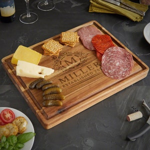 Personalized Acacia Butcher Block Cutting Board - Charcuterie Board Personalized, Etched Cutting Board, Wedding Serving Tray for New Couple