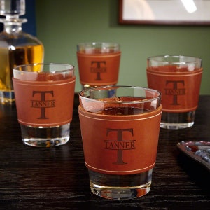 Personalized Leather Wrapped Whiskey Glasses - Personalized Whiskey Glasses Set, Leather Whiskey Glass, Groomsmen Gifts, Whiskey Gift