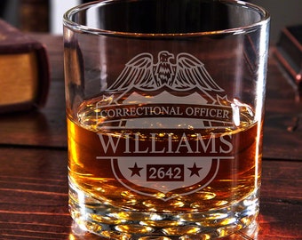 Personalized Whiskey Glass - Corrections Officer Gift, Engraved Whiskey Glass, Etched Rocks Glass, Police Officer Gift, Sheriff Gift -