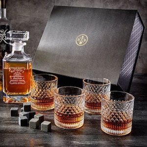 Engraved Whiskey Decanter Gift Set with Box - Luxury Whiskey Rocks Glasses, Personalized Bourbon Decanter, Whiskey Stones, Whiskey Gifts *