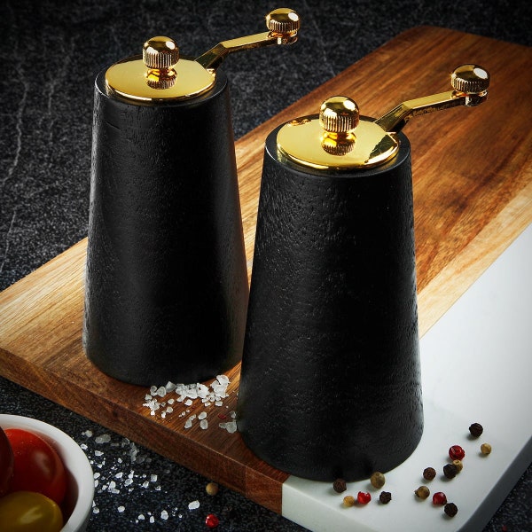 Handcrafted Salt Pepper Grinders Black with Gold Accents - Mid Century Modern Grinders, Kitchen Accessories, Salt Pepper Mill -