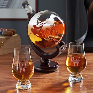 Globe Decanter with Glencairn Whiskey Glasses - Globe Decanter Set, Glencairn Engraved Glasses, Antique Decanter, Whiskey Gift for Him