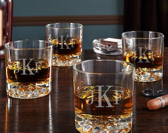 Glacier Bottom Engraved Whiskey Glass Set - Monogrammed Rocks Glass, Whiskey Lover Gift, Wedding Gift, Custom Whiskey Glass