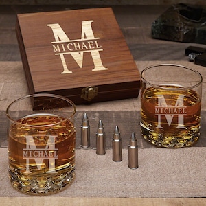 Custom Whiskey Stones Gift Set with Rocks Glasses - Engraved Whiskey Rocks Glasses Set, Bullet Whiskey Stones, Whiskey Gift Set for Men