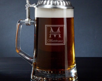 Personalized Beer Stein with Pewter Lid - Beer Lover Gift, Stein with Lid, Engraved Beer Stein, Glass Stein with Lid -