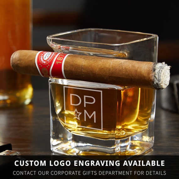 Engraved Square Marble Ashtray with Cigar Glass - Large Custom