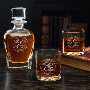 Engraved Decanter Set - Custom Wedding Gift for Couples, Etched Rocks Glasses, Engagement or Anniversary Gift, Personalized Whiskey Set