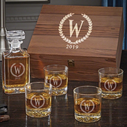 Wood Tray Whiskey Glasses Personalized Whiskey Decanter Set Ice Bucket w/ Tong 