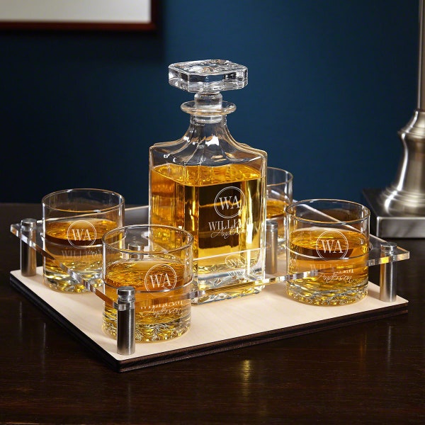 Personalized Whiskey Decanter Set with Serving Tray - Engraved Whiskey Decanter, Etched Rocks Glasses, Custom Barware Set -