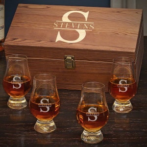 Personalized Glencairn Whiskey Glasses Gift Set - Engraved Whiskey Glasses Wood Box, Whiskey Tasting Glasses, Etched Bourbon Glasses *