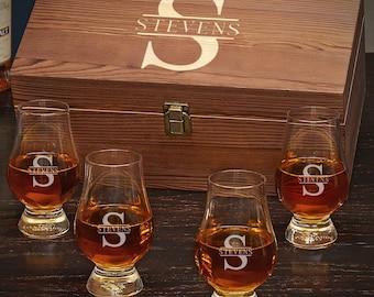 Personalized Glencairn Whiskey Glasses Gift Set - Engraved Whiskey Glasses Wood Box, Whiskey Tasting Glasses, Etched Bourbon Glasses *