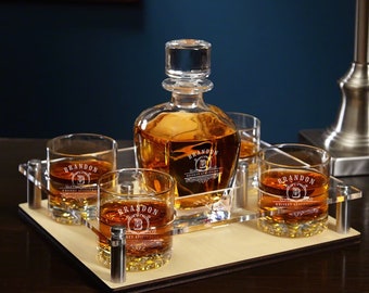 Custom Whiskey Serving Tray with Decanter and Rocks Glasses - Housewarming Gift, New Home Gift, Realtor Gift, Wedding Gift -