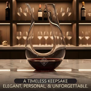 May include: A clear glass wine decanter filled with red wine, resting on a marble countertop. The decanter has a unique, curved design. The text at the bottom reads: A TIMELESS KEEPSAKE, ELEGANT, PERSONAL, & UNFORGETTABLE.
