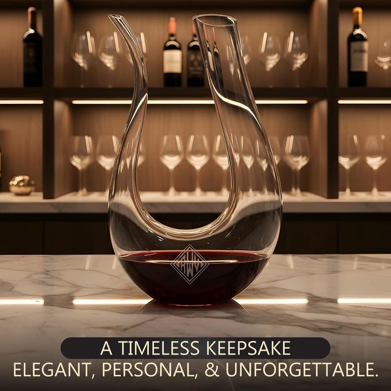 May include: A clear glass wine decanter filled with red wine, resting on a marble countertop. The decanter has a unique, curved design. The text at the bottom reads: A TIMELESS KEEPSAKE, ELEGANT, PERSONAL, & UNFORGETTABLE.