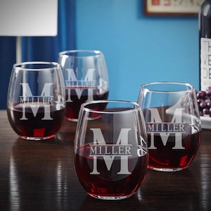 Set of 4 Stemless Wine Glasses  - Engraved Stemless Wine Glass, Etched Wine Glass, Etched Stemless Wine Glasses