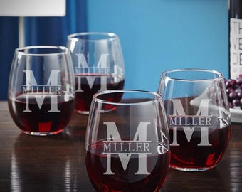 Juego de 4 copas de vino sin tallo: copas de vino sin tallo grabadas, copas de vino grabadas, copas de vino sin tallo grabadas