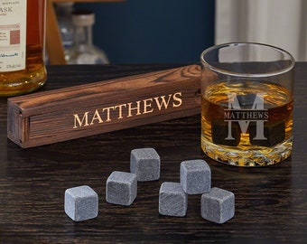 Personalized Whiskey Glass & Stone Set