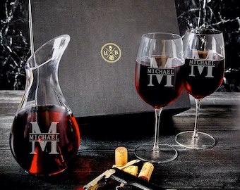 Coffret cadeau vin personnalisé 5 pièces - Carafe à vin personnalisée, carafe à vin gravée avec verres à vin, cadeau de mariage pour couple *