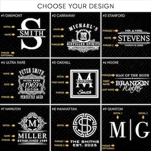 May include: Nine different designs for personalised engraved wooden signs. Each design features a different font style, monogram, and phrase. The designs include names, dates, and phrases such as "Man of the Hour" and "Perfectly Aged".