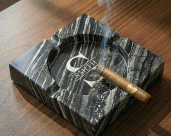 Personalized Large Solid Marble Ashtray with 4 Slots - Heavy Stone Cigar Ashtray
