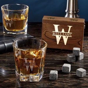 Personalized Whiskey Gift Set with Whiskey Glasses and Whiskey Stones - Chilling Stones, Etched Whiskey Glasses, Whiskey Lover Gift