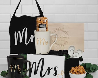 Personalized Wedding Gift Basket - Mr and Mrs Aprons, Mugs and Engraved Board