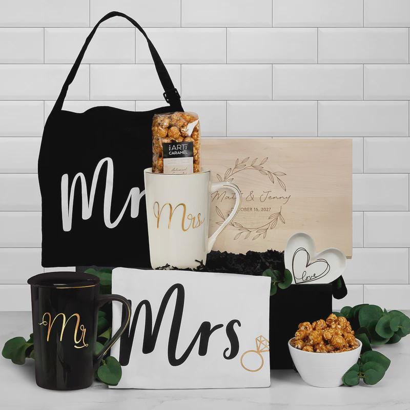 Personalized Wedding Gift Basket, Mr and Mrs Gift Set With Aprons