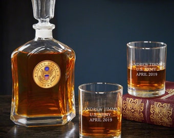 US Army Decanter Set - Personalized Gift for Men with Etched Rocks Glasses Set, Military Gift