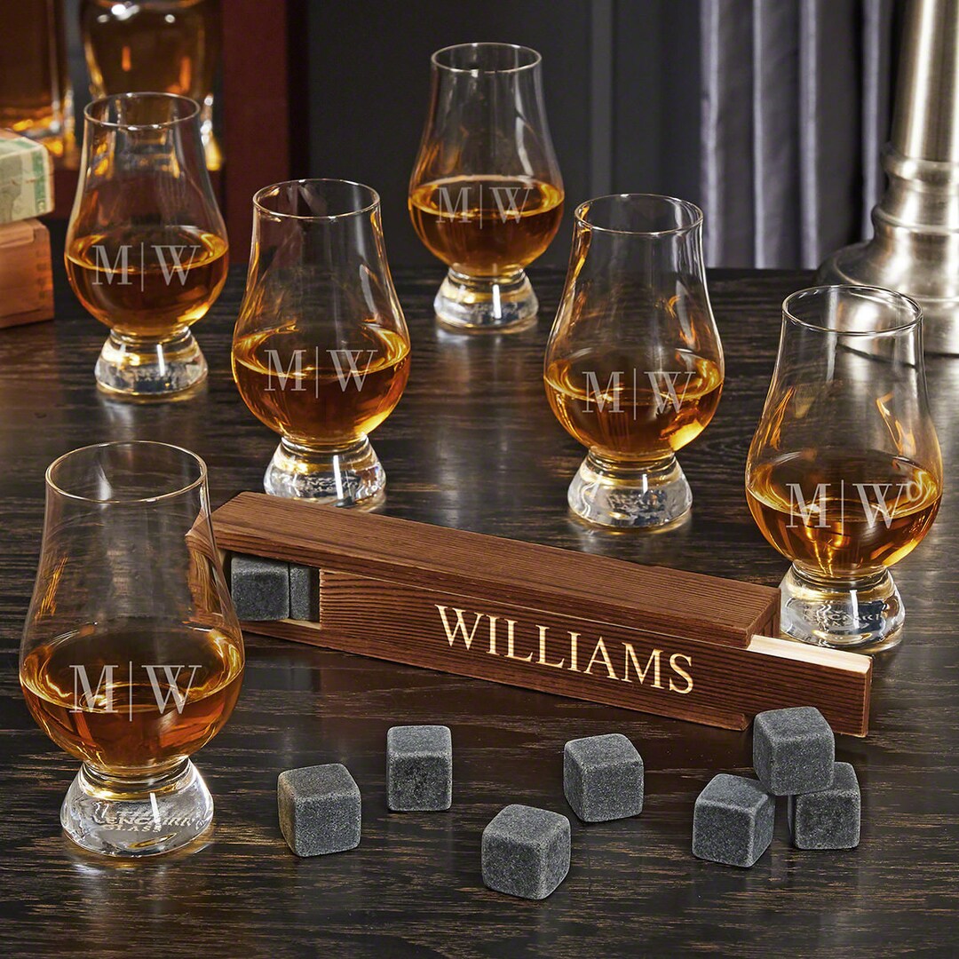 Custom Whiskey Stone Set With 6 Glencairn Whiskey Tasting Glasses