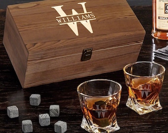 Personalized Whiskey Glass Set with Stones -Etched Twist Whiskey Glasses Set, Engraved Old Fashioned Glasses in Gift Box