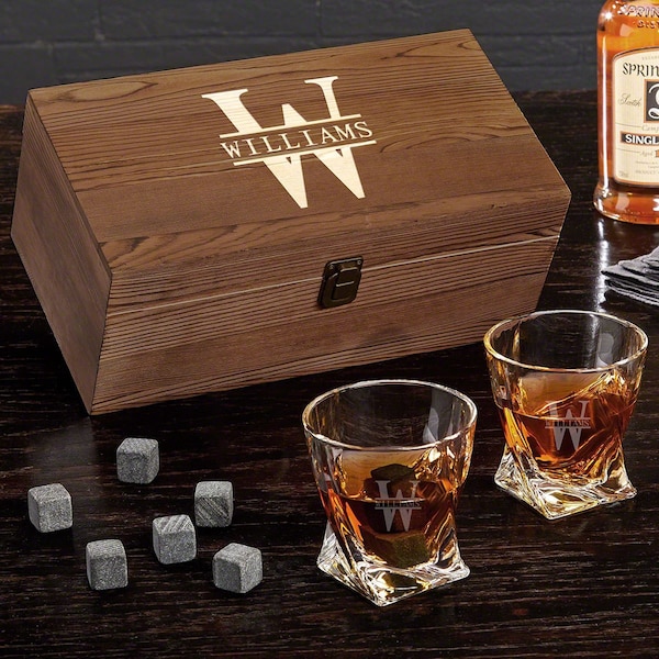 Personalized Whiskey Glasses Set - Engraved Old Fashioned Glasses , Whiskey Stones Set, Retirement Gift for Men, Twist Etched Gift Box Set *
