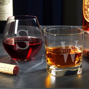 Custom Couple Wine and Whiskey Glass Gift Set for New Couple - Engraved Matching Glasses, Mom and Dad Whiskey Set, Toasting Glasses